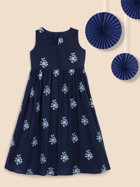

House of Pataudi Girls Navy Blue Embroidered Empire Dress