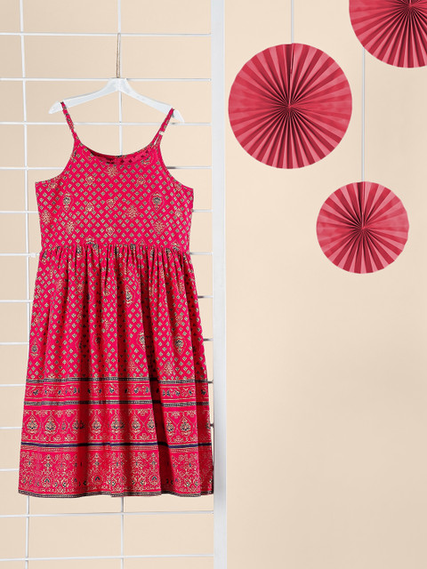 

House of Pataudi Girls Pink Rozana Ornated Gold Print Fit and Flare Dress