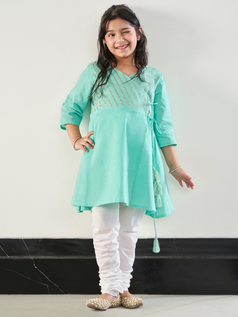 

House of Pataudi Girls Green Yoke Design Angrakha Pure Cotton Kurta with Churidar