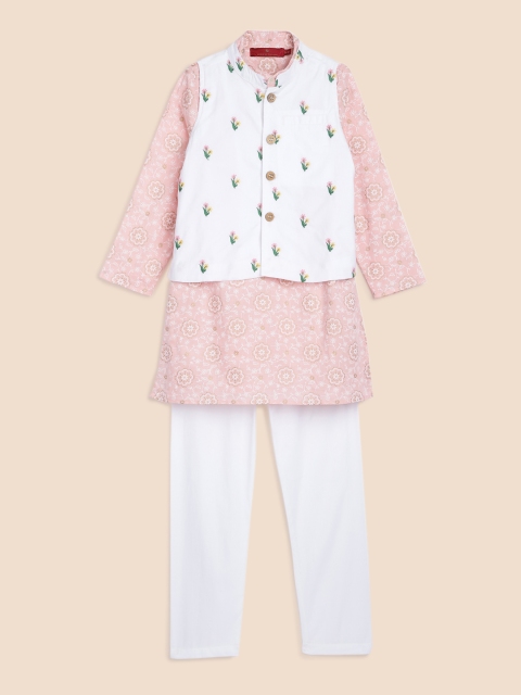 

House of Pataudi Boys Peach-Coloured & White Pure Cotton Kurta Pyjama & Nehru Jacket