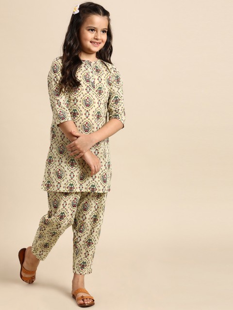 

House of Pataudi Girls Green & Pink Rozana Floral Printed Kurta with Trousers