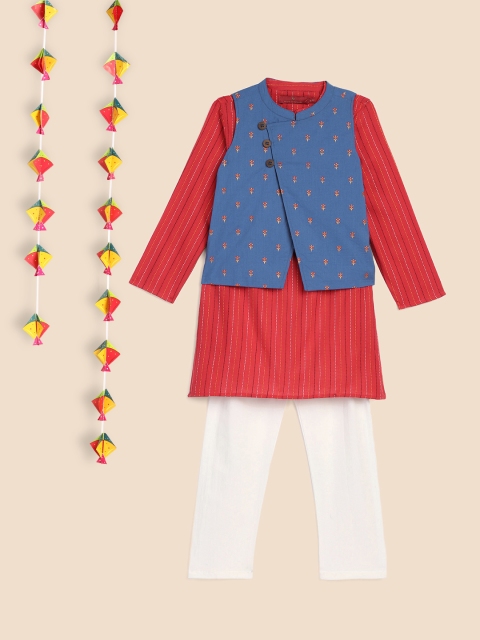 

House of Pataudi Boys Red & White Striped Kurta with Pyjamas