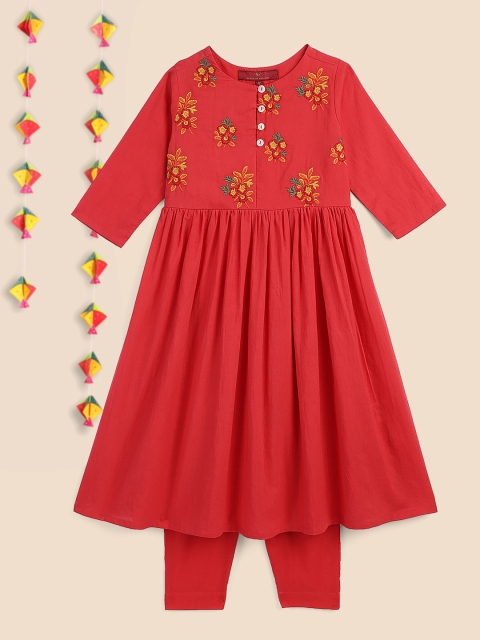 

House of Pataudi Girls Red & Mustard Embroidered Pleated Pure Cotton Kurta & Trousers