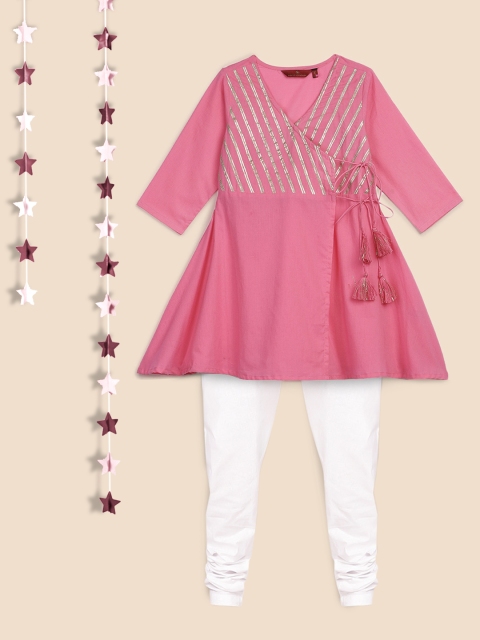 

House of Pataudi Girls Pink Yoke Design Angrakha Pure Cotton Kurta with Churidar
