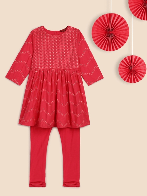 

House of Pataudi Girls Red Jashn Embroidered Kurta with Pyjamas