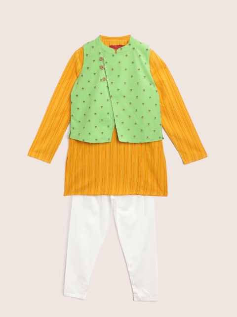 

House of Pataudi Boys Mustard Yellow Self Striped Cotton Jashn Kurta Set with Nehru Jacket