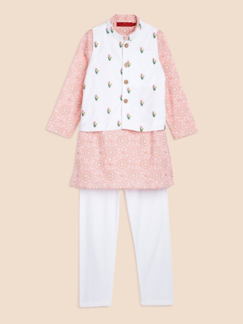 

House of Pataudi Boys Pink Floral Printed Pure Cotton Kurta with Pyjamas