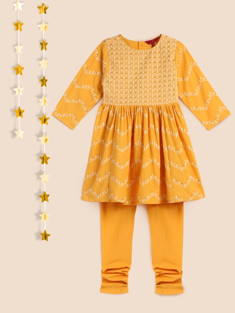 

House of Pataudi Girls Mustard Yellow Embroidered Pure Cotton Kurta with Pyjamas