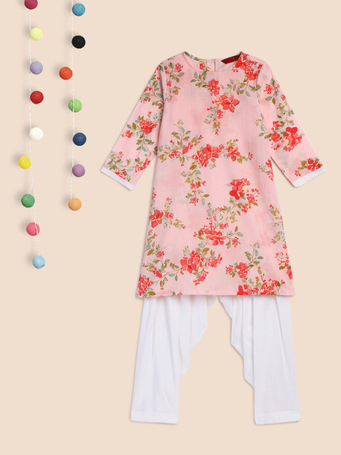 

House of Pataudi Girls Pink & Green Printed Pure Cotton Kurta with Patiala