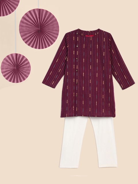 

House of Pataudi Boys Maroon & White Printed Pure Cotton Kurta with Pyjamas