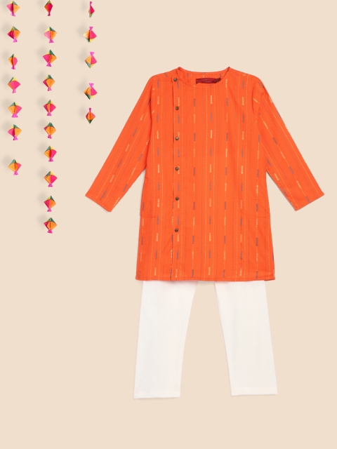 

House of Pataudi Boys Orange & White Printed Pure Cotton Kurta with Pyjamas