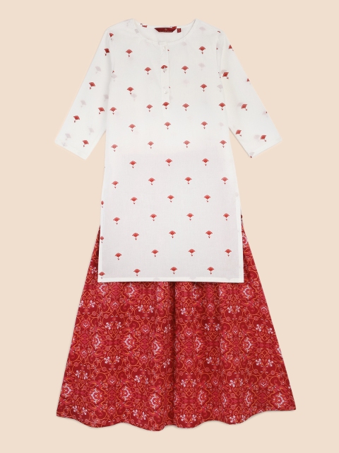

House of Pataudi Girls White & Red Ethnic Motifs Printed Pure Cotton Kurta with Skirt