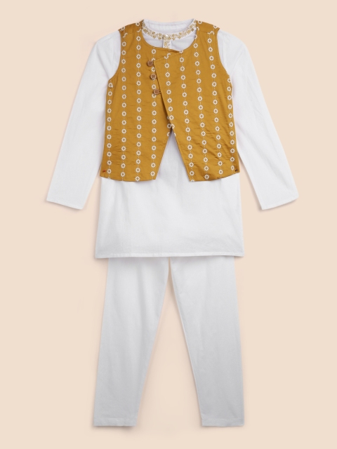 

House of Pataudi Boys Mustard Yellow & White Cotton Jashn Kurta Set with Nehru Jacket