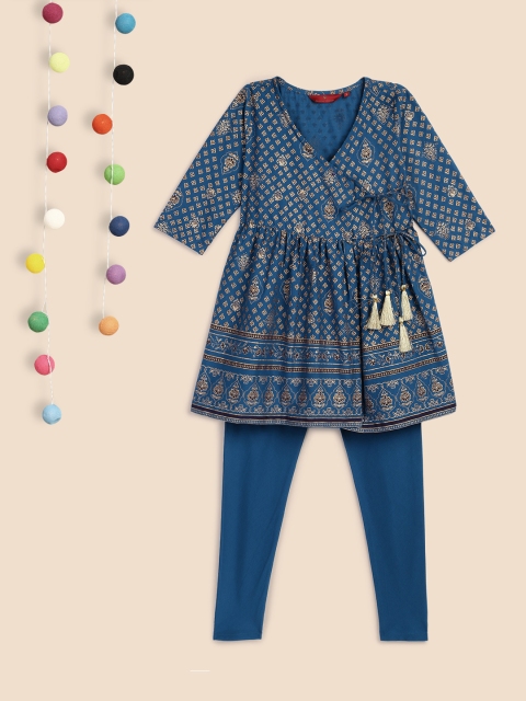 

House of Pataudi Girls Blue Printed Pure Cotton Kurta with Churidar