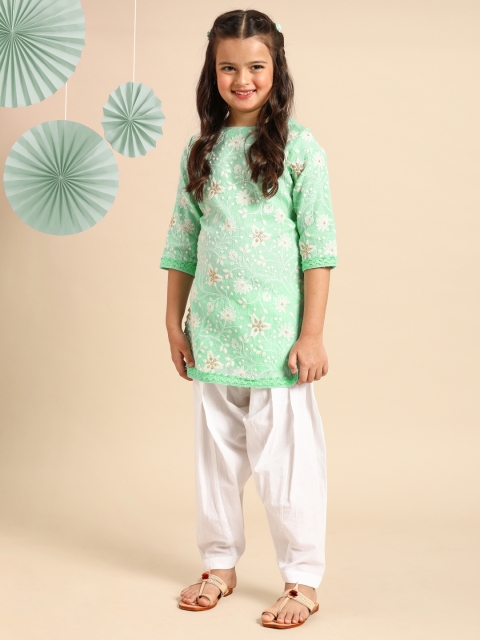 

House of Pataudi Girls Sea Green Floral Embroidered Kurta