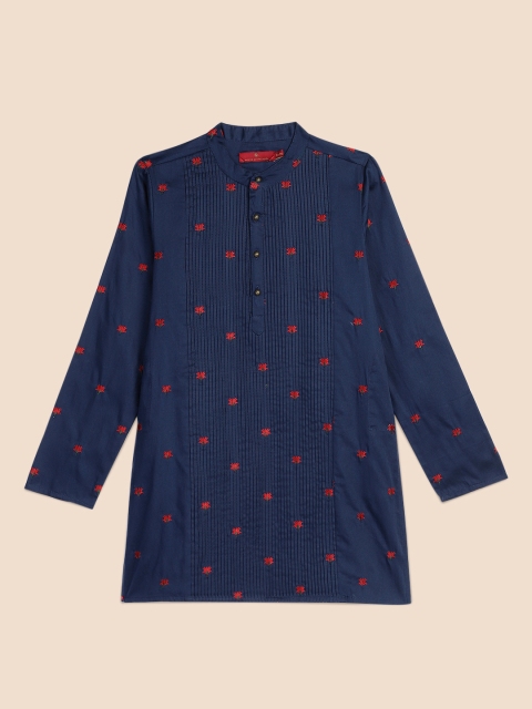 

House of Pataudi Boys Navy Blue Floral Embroidered Pure Cotton Kurta