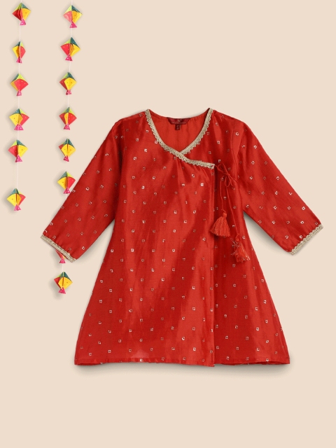 

House of Pataudi Girls Red Embellished Kurta