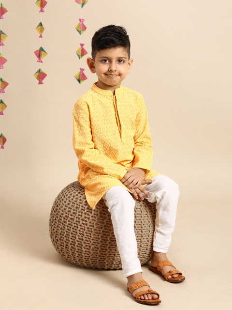 

House of Pataudi Boys Yellow Embroidered Straight Kurta