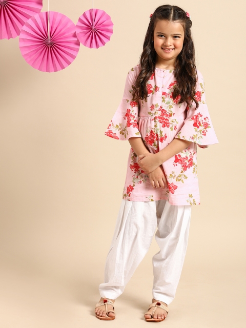 

House of Pataudi Girls Pink Floral Printed Bell Sleeves Pure Cotton Kurta