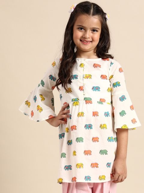 

House of Pataudi Girls White Elephant Print Straight Pure Cotton Kurta