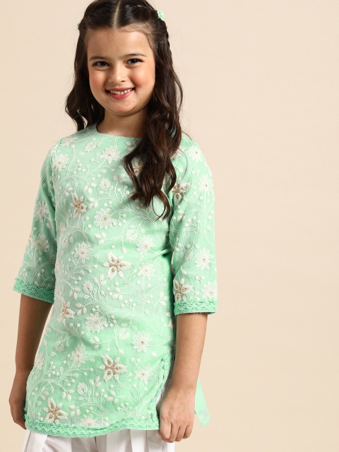 

House of Pataudi Girls Sea Green Floral Embroidered Kurta