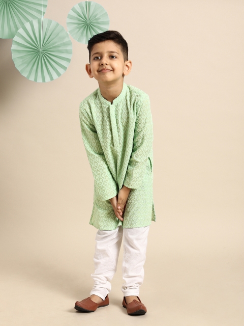 

House of Pataudi Boys Green Embroidered Straight Kurta