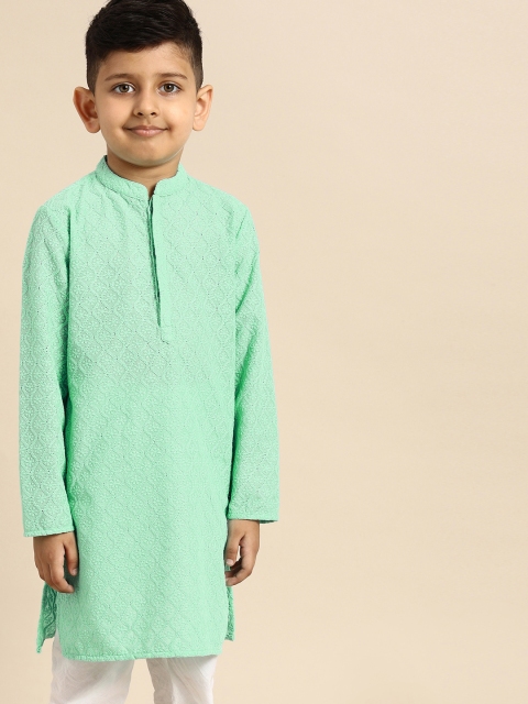 

House of Pataudi Boys Sea Green Embroidered Straight Kurta