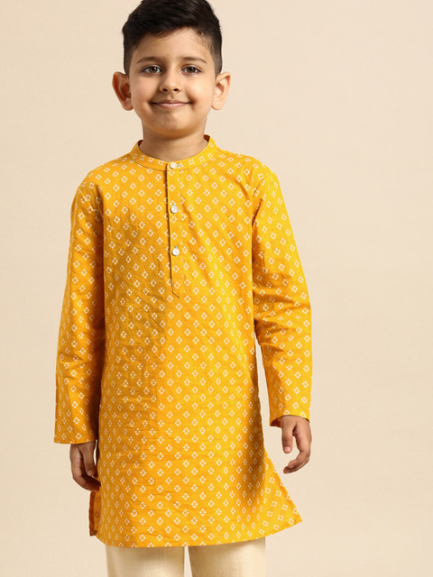 

House of Pataudi Boys Yellow Printed Straight Cotton Kurta