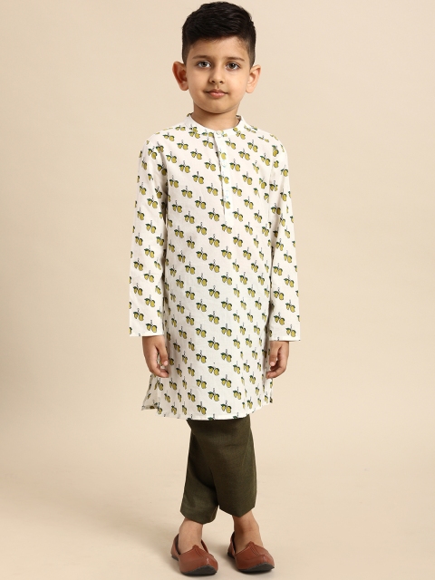 

House of Pataudi Boys White Mango Print Straight Cotton Kurta
