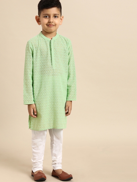 

House of Pataudi Boys Green Embroidered Straight Kurta