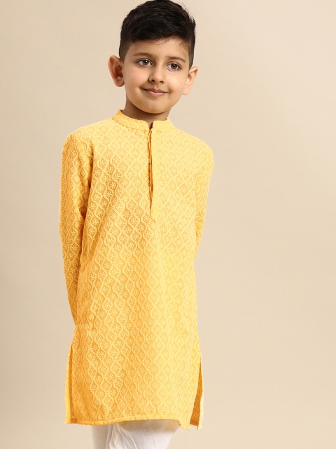 

House of Pataudi Boys Yellow Embroidered Straight Kurta