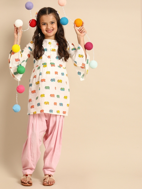 

House of Pataudi Girls White Elephant Print Straight Pure Cotton Kurta