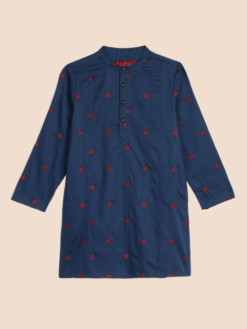 

House of Pataudi Boys Navy Blue Floral Embroidered Pure Cotton Kurta