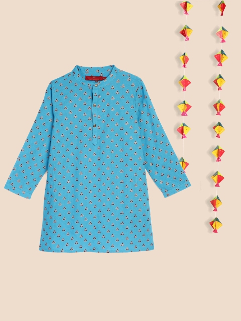 

House of Pataudi Boys Blue Ethnic Motifs Printed Pure Cotton Kurta