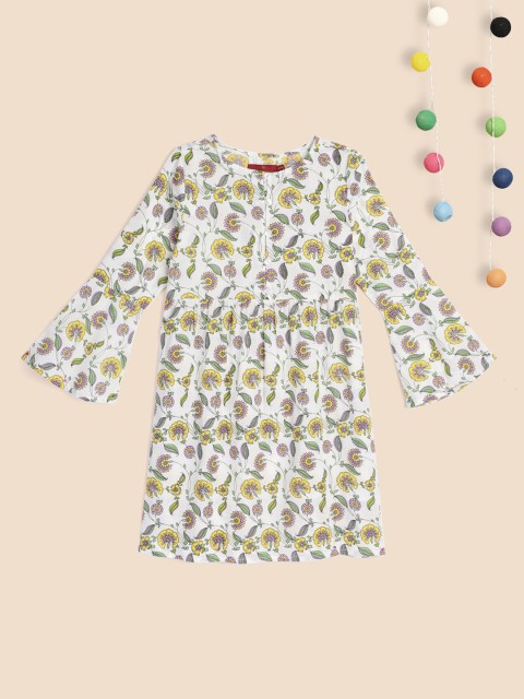

House of Pataudi Girls White & Yellow Pure Cotton Ethnic Motifs Print Jashn Kurta