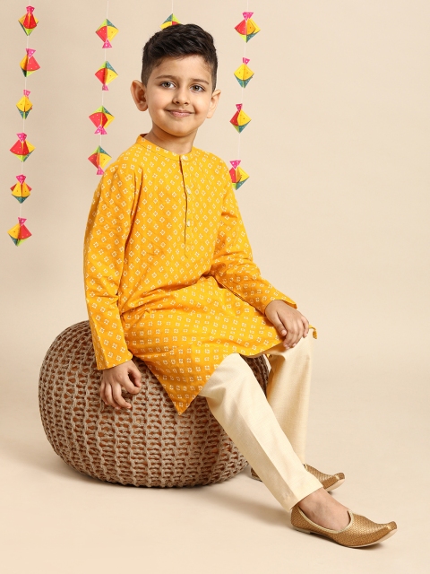 

House of Pataudi Boys Yellow Printed Straight Cotton Kurta