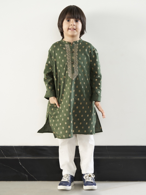 

House of Pataudi Boys Green Jashn Woven Design Straight Kurta