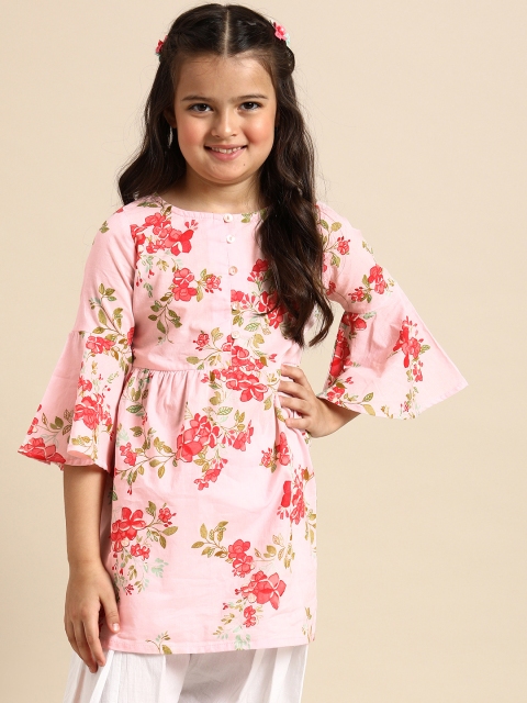 

House of Pataudi Girls Pink Floral Printed Bell Sleeves Pure Cotton Kurta