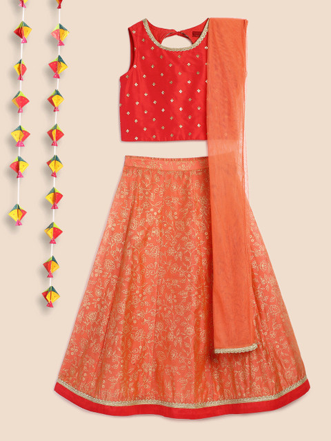 

House of Pataudi Girls Red & Orange Embellished Ready to Wear Lehenga & Blouse with Dupatta