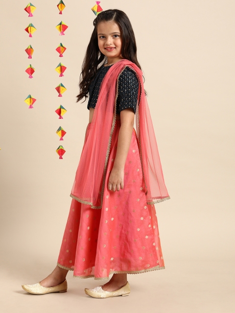 

House of Pataudi Girls Navy Blue & Pink Jashn Embroidered Lehenga Choli with Dupatta