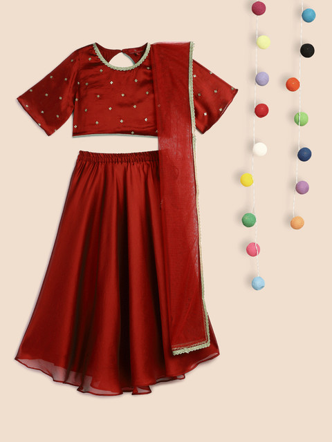 

House of Pataudi Girls Maroon Lehenga & Blouse with Dupatta