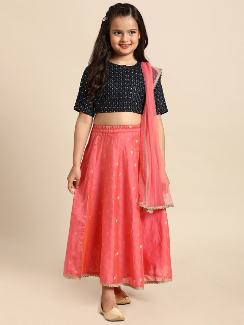 

House of Pataudi Girls Navy Blue & Pink Jashn Embroidered Lehenga Choli with Dupatta