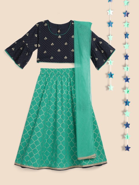 

House of Pataudi Girls Navy Blue & Green Printed Pure Cotton Lehenga & Blouse with Dupatta