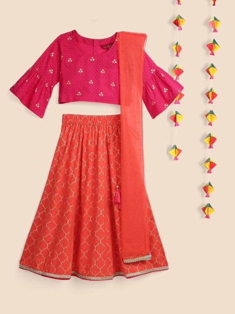 

House of Pataudi Girls Pink & Orange Printed Pure Cotton Lehenga & Blouse with Dupatta, Red