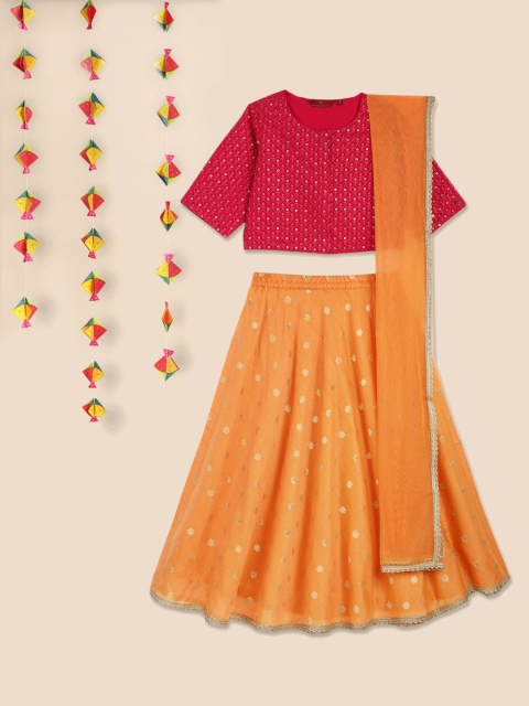 

House of Pataudi Girls Pink & Orange Jashn Embroidered Lehenga Choli with Dupatta