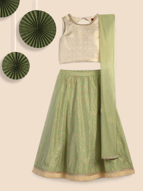 

House of Pataudi Girls Gold-Toned & Green Woven Design Ready to Wear Lehenga & Blouse with Dupatta