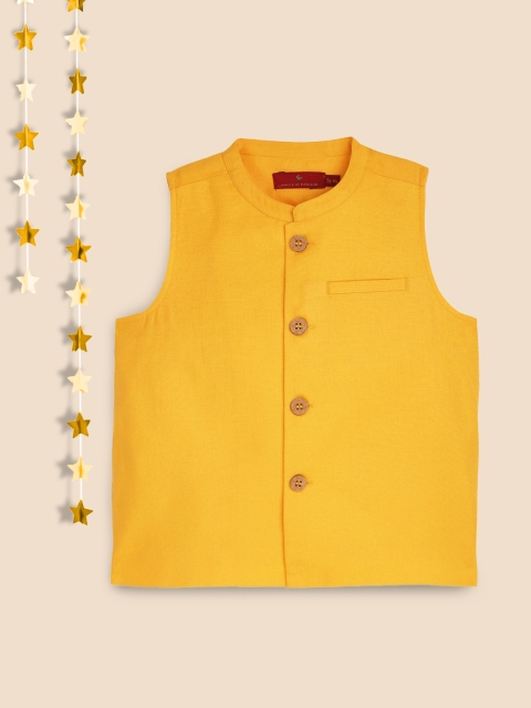 

House of Pataudi Boys Yellow Rozana Solid Pure Cotton Nehru Jacket