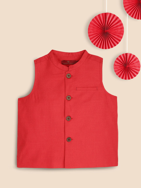 

House of Pataudi Boys Coral Red Solid Rozana Pure Cotton Nehru Jacket