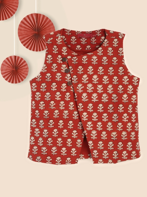 

House of Pataudi Boys Red & Beige Jashn Floral Cotton Ethnic Jacket, Rust