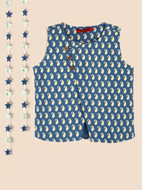 

House of Pataudi Boys Blue & Beige Jashn Paisley Print Pure Cotton Ethnic Jacket